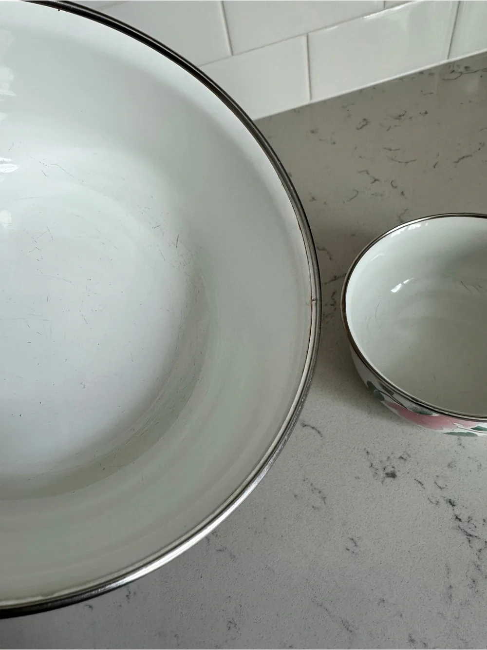 Vintage Mikasa Metal Bowls Set of 2 | Pink Floral Enamel Bowls